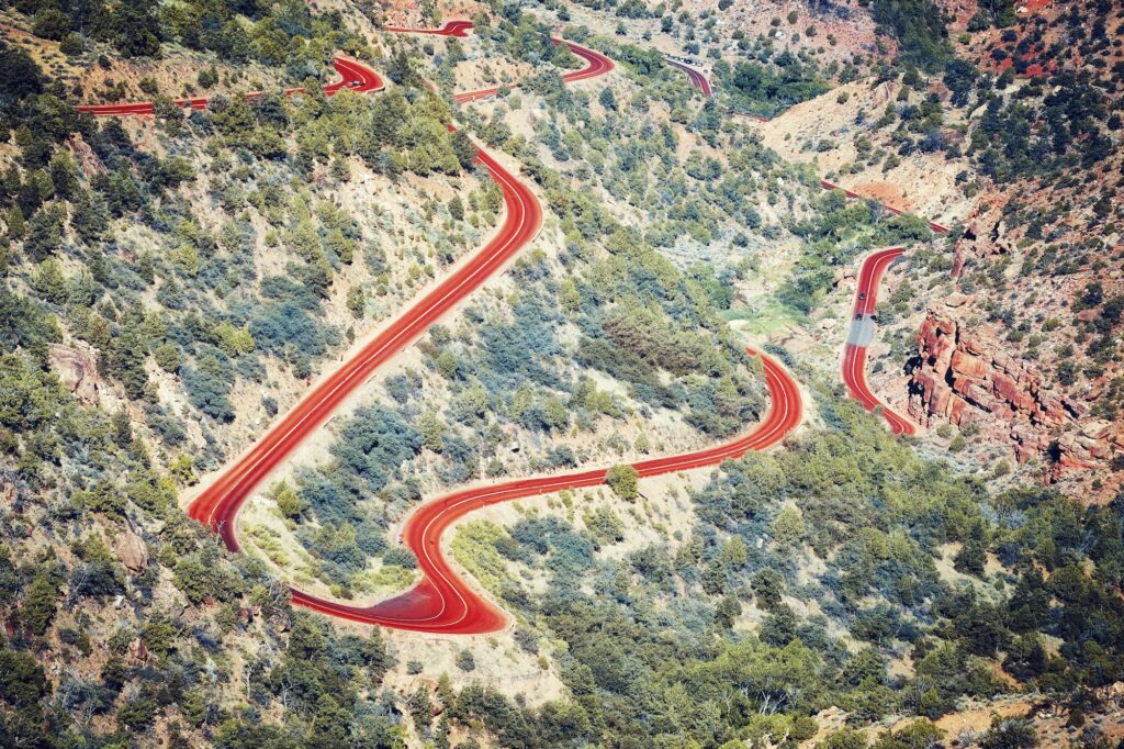 Aerial view of a winding road, Utah, USA.