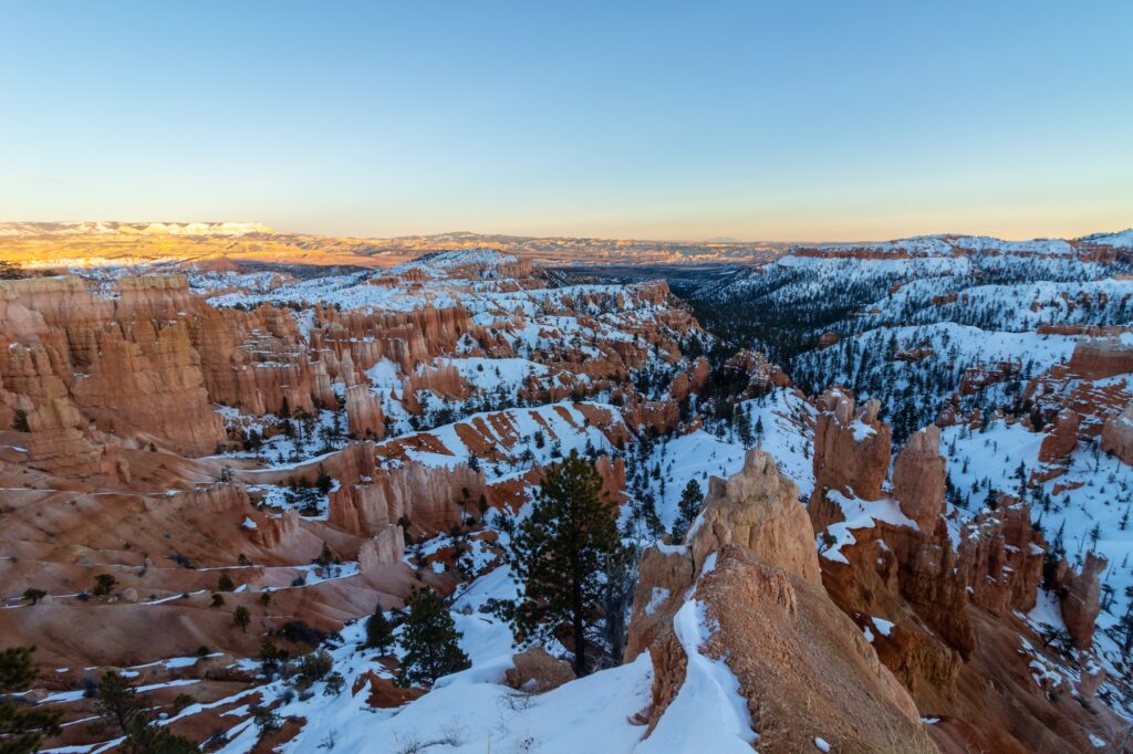 Bryce Canyon at Sunset in Winter. Snow. Utah, USA