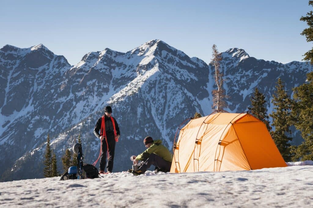 Camp on climbing trip up Pfeifferhorn, Maybird Basin, Lone Peak Wilderness, Wasatch Mountains, Utah,